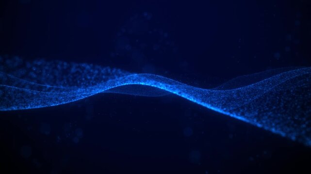 Glowing blue dots forming dynamic wave patterns in a dark space. Futuristic concept of data flow, sound waves, or digital visualization.