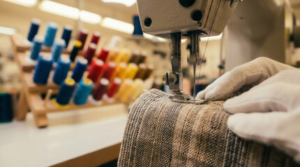 A man sews fabric on a machine in a workspace with colorful thread spools nearby