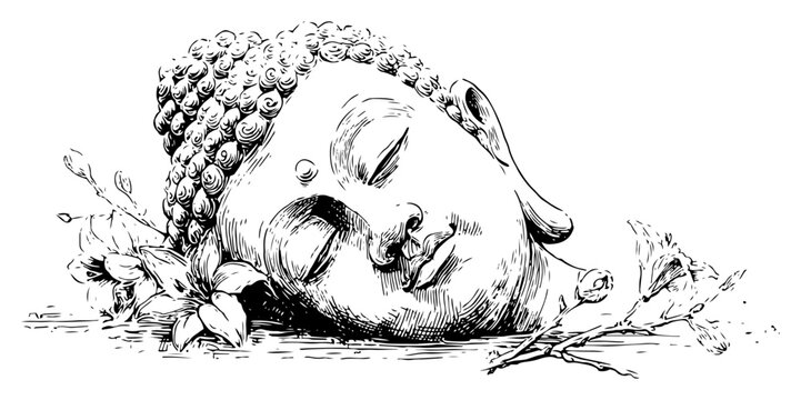 Fallen Buddha head statue lying among flowers Hand drawn ink sketch vector illustration of ancient sculpture