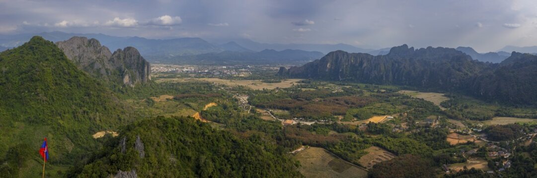Panorama of Vang Vieng and the Kart landscape from Pha Ngern View Point, Vientiane Province, Laos