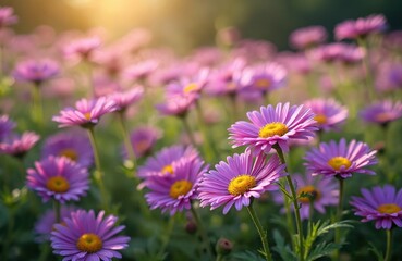 Fototapeta premium Field of pink aster flowers under warm golden sunlight. Delicate petals and yellow centers bloom vibrantly in a lush garden setting. Soft focus background enhances floral beauty.