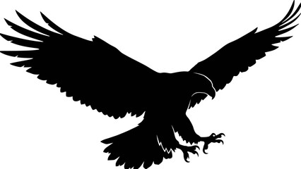 Obraz premium Black silhouette of bird of prey in flight, eagle or hawk icon, powerful raptor illustration, wings spread, talons extended, strength and freedom symbol, minimal design