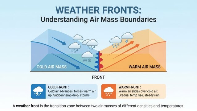 Weather fronts diagram showing interaction of cold and warm air masses, formation of cold fronts with sudden storms and warm fronts with gradual rain for meteorology education