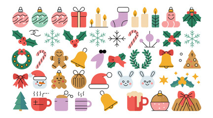 Set of various christmas and new year holiday elements including ornaments, gifts and drinks