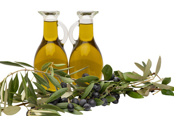 Olive oil with olives isolated