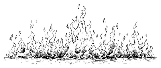 Hand drawn fire flames border vector illustration featuring burning bonfire sketch in engraving style © Kaz
