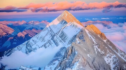 Snow Capped Mountain Peak in Colorful Sunrise Sky