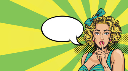 A beautiful sexy girl surprised by a speech in pop art style