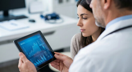 Doctor shows health data on tablet to woman in medical office setting