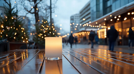 A serene outdoor scene featuring a glowing candle amidst raindrops, reflecting the joyous vibe of a bustling street while capturing the essence of winter festivities perfectly.