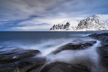 Rocky coast of Tungeneset, Devil's Teeth, Devil's Teeth, Okshornan, Steinfjorden, Senja Island, Norway