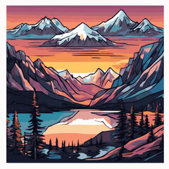 Colorful Mountain Sunrise with Reflective Lake and Pine Trees