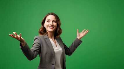 Woman presenting and showing with open hands for chroma key. Business message or product display on green screen studio shot. - Powered by Adobe