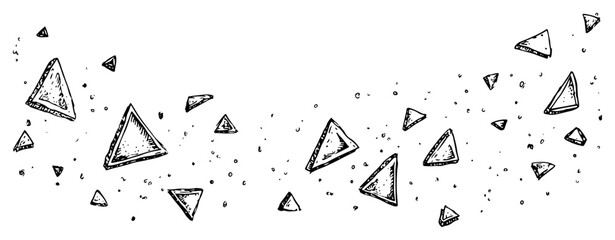 Abstract flying 3d triangles and debris particles Hand drawn ink sketch vector background of geometric shapes