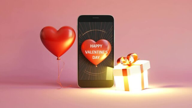 Valentine's Day Concept with Smartphone, Heart Balloon, and Gift Box on Pink Background