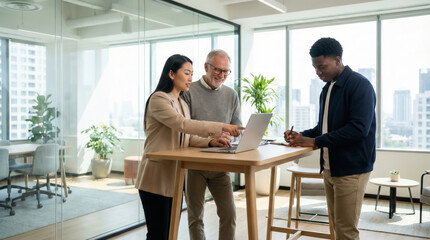 Two team workers talk with a man by a laptop in a modern office space