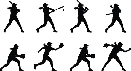 Collection of diverse female softball and baseball player silhouettes showing dynamic actions like batting, pitching, catching, fielding, and swinging a bat, isolated on a white background, competit
