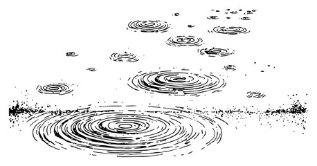 Hand drawn water ripples vector illustration showing rain drops hitting surface creating concentric circles sketch in engraving style © Kaz