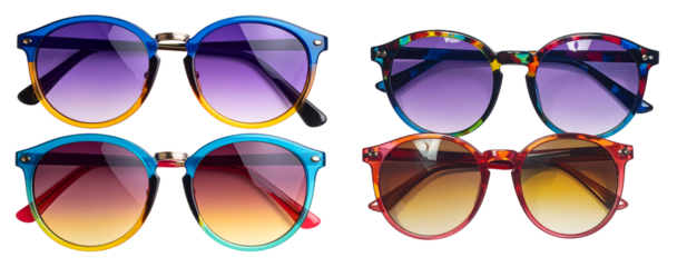  Colorful Fashion Sunglasses with Rounded Frame, Top-Down View, Isolated