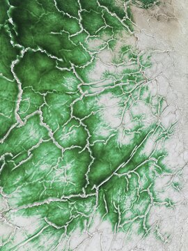 Detail of a toxic phosphogypsum waste pond in the vicinity of the town of Huelva. Aerial view. Drone shot. Huelva province, Andalusia, Spain
