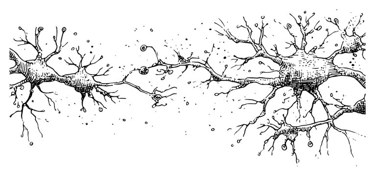 Hand drawn neuron cells vector sketch of brain network connection and nervous system in black and white doodle style
