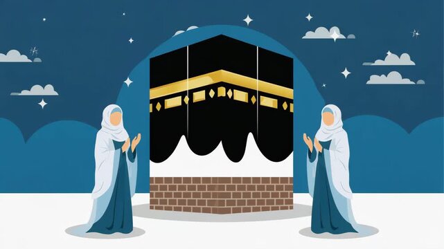 Muslim Pilgrims Praying Near Kaaba in Mecca at Night Islamic Hajj Illustration
