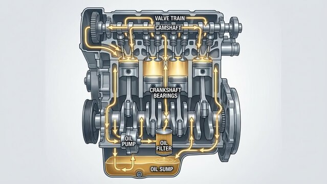 Car engine cutaway diagram showing lubrication system and oil flow path through pump, filter, sump, bearings and valve train, highlighting protection and maintenance functions