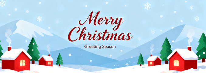 Merry Christmas Winter Wonderland Banner with Red Houses, Pine Trees, and Falling Snow - Holiday Greeting Season Landscape