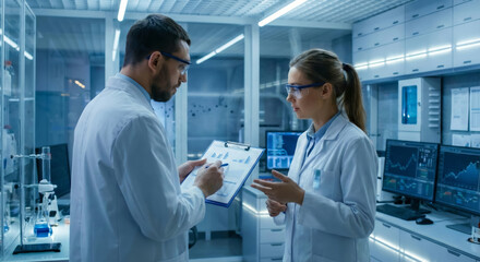 A man and a woman in lab coats talk about data in a laboratory setting
