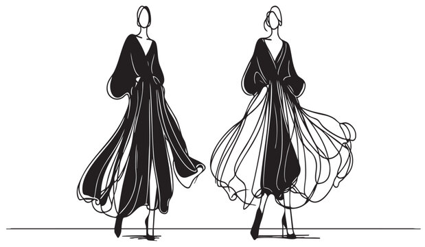 Fashion girls sketch in pompous black dress, stylized silhouettes isolated. Vector fashion illustration