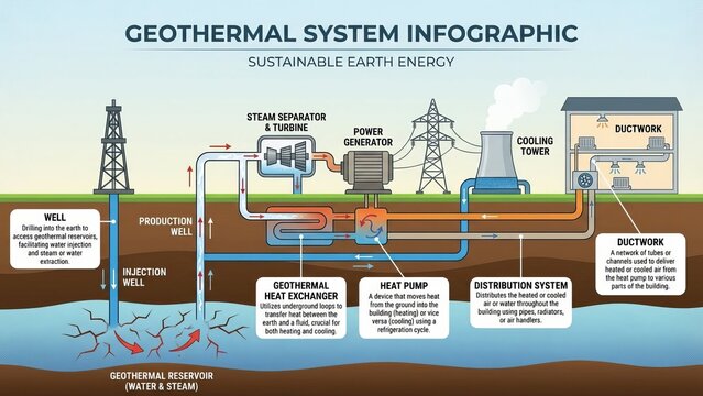 Geothermal energy system showing the process of injecting water underground, heating it by a geothermal reservoir, producing steam for a power plant, generating electricity, and recycling water