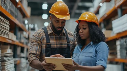 Hardware store workers in aprons comparing tile samples, reviewing inventory near shelving units during collaborative product consultation