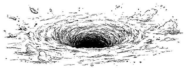 Deep sinkhole or impact crater in the ground with dust Hand drawn ink sketch vector illustration of abyss © Kaz