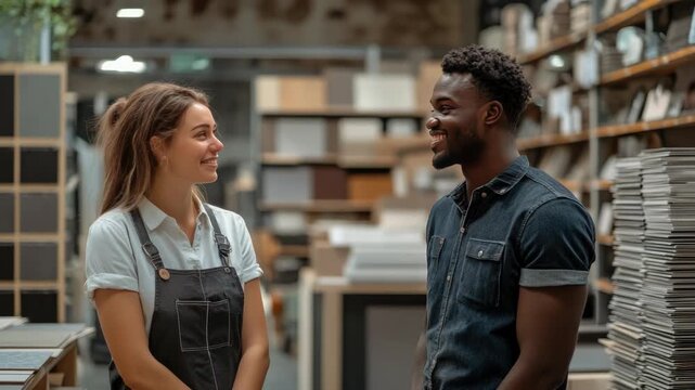 Hardware store workers in aprons comparing tile samples, reviewing inventory near shelving units during collaborative product consultation