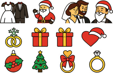 Christmas icon set: vector cartoon illustration of Santa Claus, gifts, tree, snowman, and winter holiday decorations for celebration