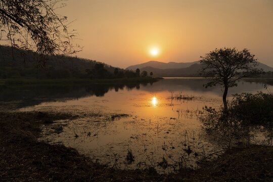 Sunset, Maddigedda Reservoir, reservoir near Addateegala, Andhra Pradesh, India