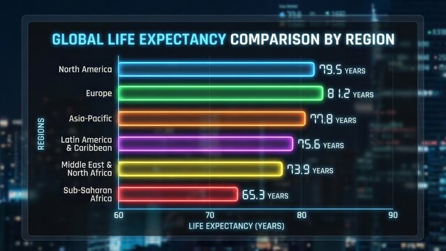 Bar chart comparing global life expectancy by region, highlighting health and longevity statistics for north america, europe, asia-pacific, latin america, mena and sub-saharan africa