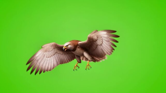 Wild hawk flying with extended wings and legs on a green background for chromakey effect