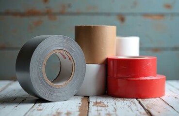 Rolls of gray, red, brown, and white adhesive tapes stacked on a rustic wooden surface. These tapes are useful for repairs, crafting, and industrial applications.