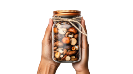 Assorted Mushrooms in Glass Jar on Transparent Background