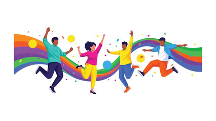 Joyful Celebration: Illustrative image of a lively group celebrating with raised arms and colorful streamers, conveying a sense of unity and jubilation.