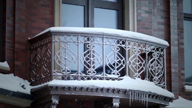 Close-up of vintage ornate balcony covered in ice and snow with icicles hanging from railings - winter frost on historic architecture - urban decay and seasonal chill