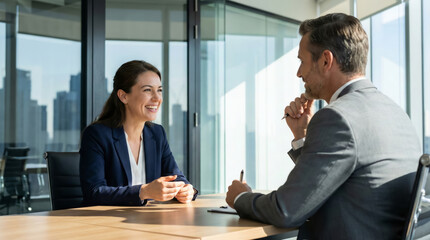 Man and woman discuss work in office during daytime with city view behind