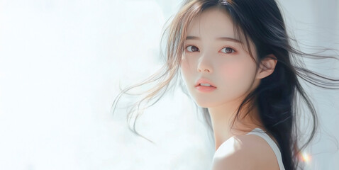 A young woman, with her hair blowing in the wind, turns around with a white curtain as the background (beauty, cosmetics, skincare, health)