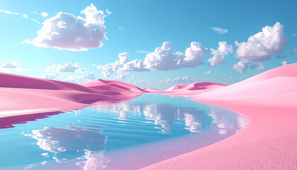 Ethereal pink desert dunes with a shimmering blue water reflection under a pastel sky