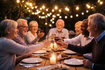 Seniors enjoy drinks and food at a festive outdoor gathering
