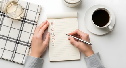 Productive Hands Checking To-Do List on Notepad with Pen, Coffee, Water, and Plaid Cloth