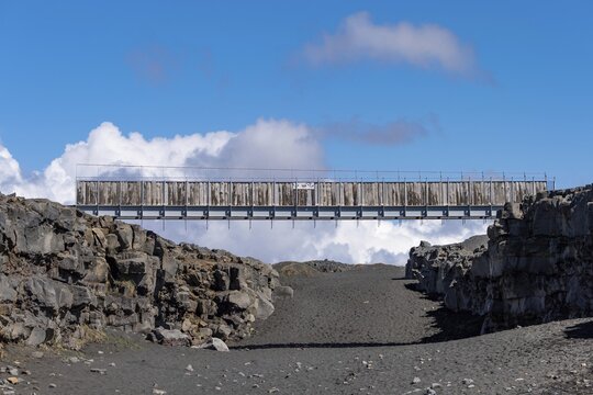Bridge between the continents crosses the rift valley between the American and European continental plates, Reykjanes Peninsula, Iceland