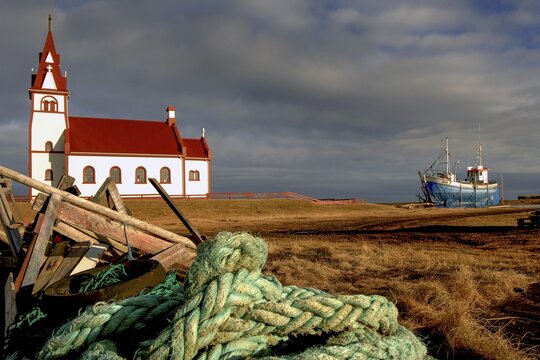 Church and ship at a shipyard, Raufarh&ouml;fn, North Iceland, Iceland