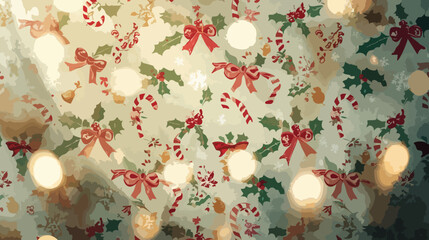 A close-up of a festive Christmas texture with red bows, green holly leaves, and candy canes on a white background, adorned with warm golden lights. Perfect for holiday cards, decorations,